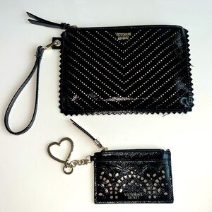 Victoria Secret Wristlet Black Faux Leather Zip AND coin/card zip - NWOT